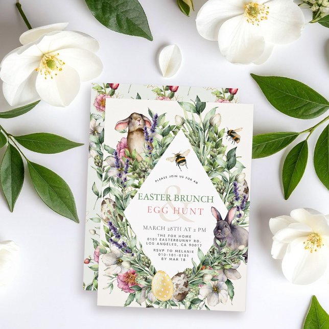 Convites Brunch de Páscoa Rhombus Bunny & Bee Greenery (Criador carregado)