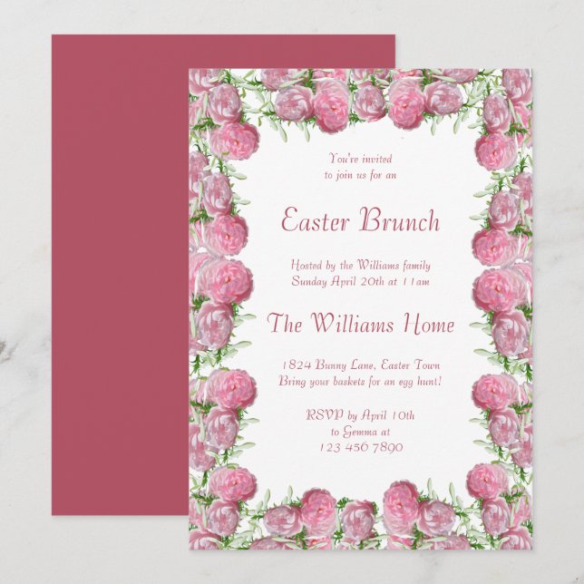 Convites Brunch de Páscoa Romântico com Moldura Floral Rosa (Frente/Verso)