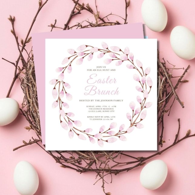 Convites Brunch de Páscoa Selvagem Rosa-Rosa Elegante (Cute Pink Pussy Willow Easter Brunch Invitation)