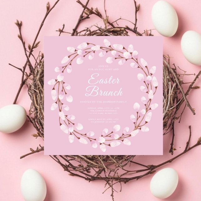 Convites Brunch de Páscoa Selvagem, Rosa-Rosa-Gelado, (Cute Pink Pussy Willow Easter Brunch Invitation)