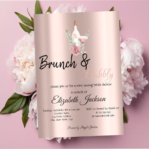Convites Brunch de Vinho Floral & Rosé Dourado Bubbly