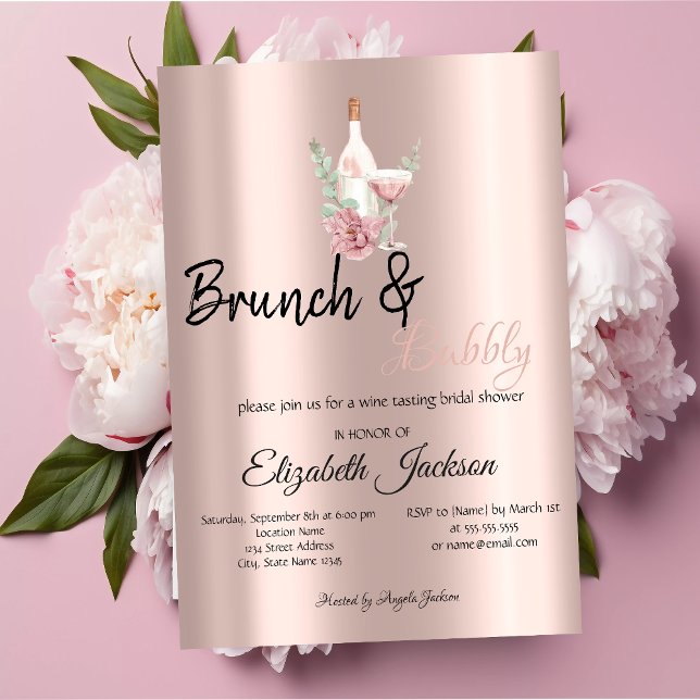 Convites Brunch de Vinho Floral & Rosé Dourado Bubbly (Criador carregado)