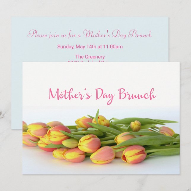 Convites Brunch dia de as mães com Tulipas Amarelas e Laran (Frente/Verso)