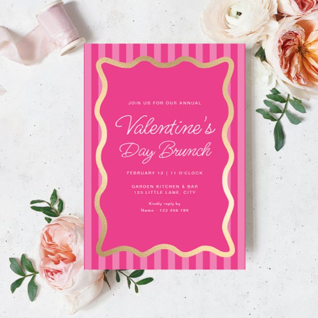Convites Brunch Dia de os namorados de Greve Rosa Quente-Ro (Valentines Brunch Invitation Hot Pink Stripe)
