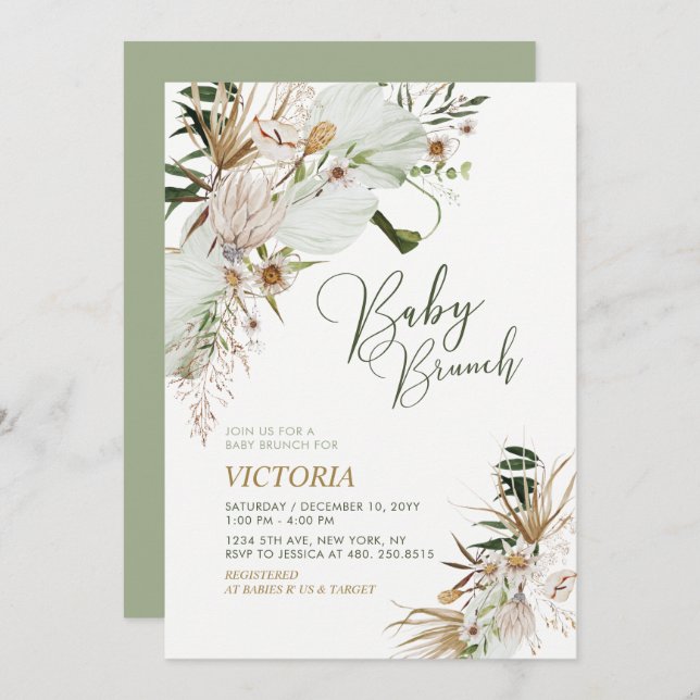 Convites Brunch do Chá de fraldas Botânico Verde e Dourado (Frente/Verso)