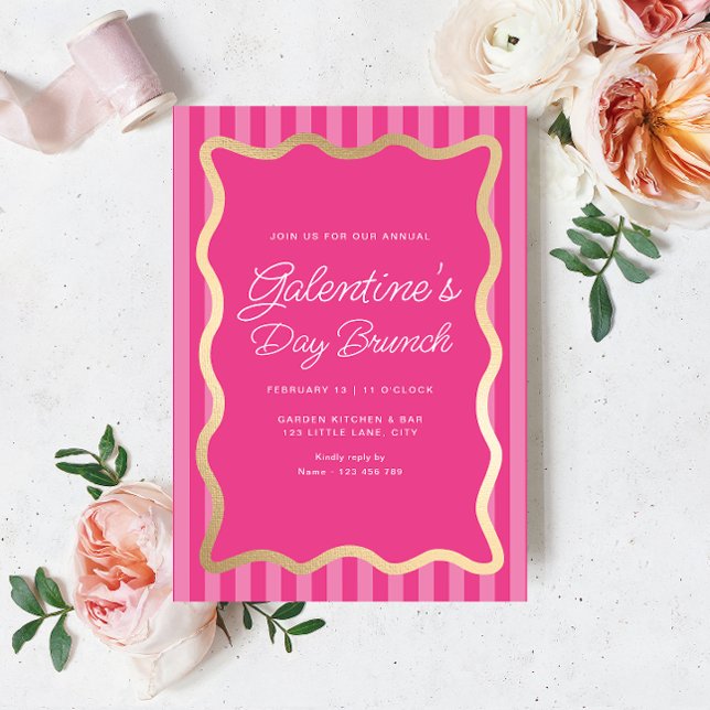 Convites Brunch do Dia da Galentina Rosa Quente-Rosa-Rosa-R (Galentines Brunch Invitation Hot Pink Stripe)