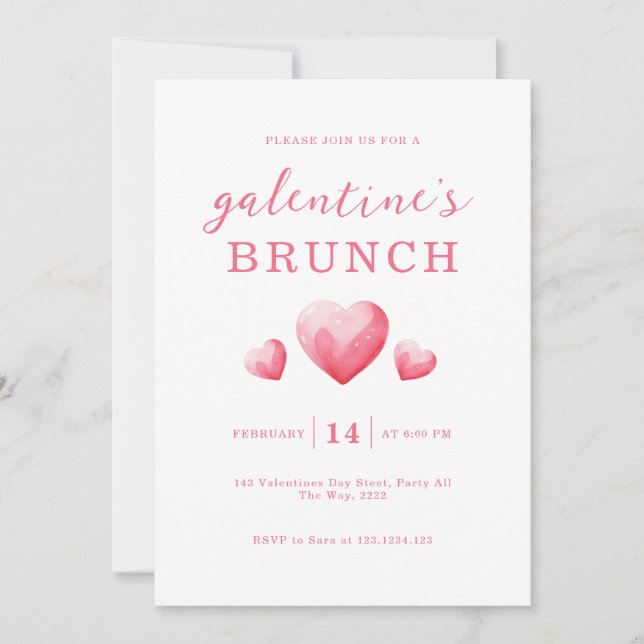 Convites Brunch do Dia das Galentinas com Corações Rosa Mod (Frente)