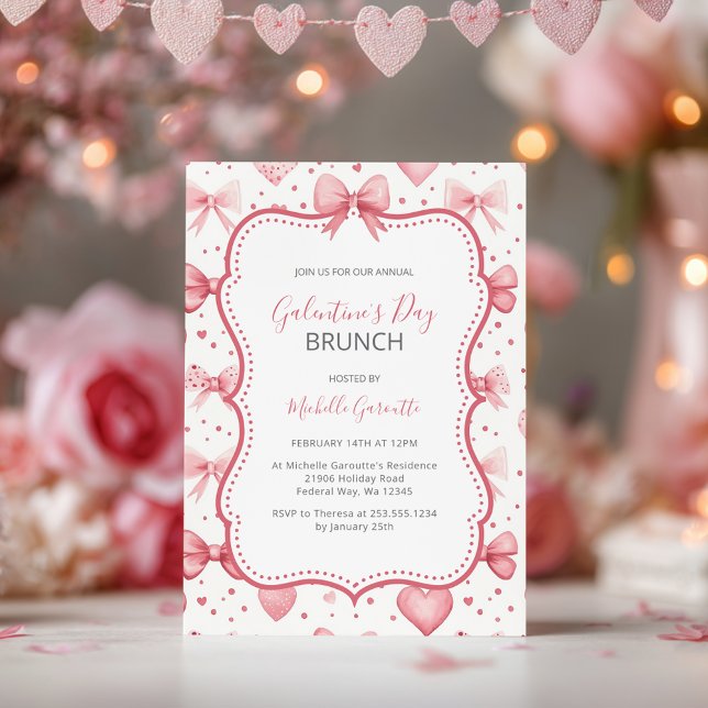 Convites Brunch do Dia das Galentinas com Laços Rosa e Cora (Galentine’s Day Pink Bows & Hearts Brunch Invitation)