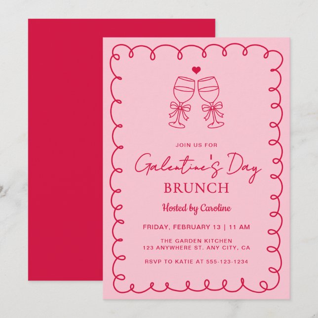 Convites Brunch do Dia das Galentinas Rosa e Vermelho Desen (Frente/Verso)