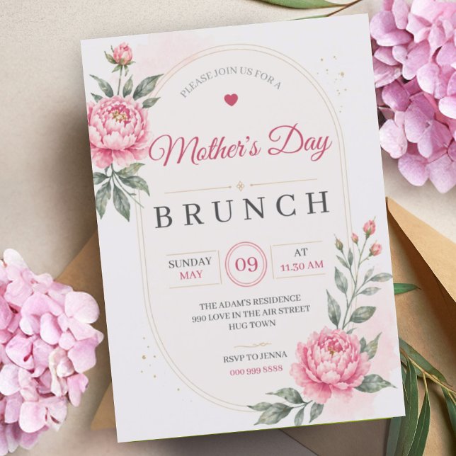 Convites Brunch do Dia das Mães | Almoço Flores Rosa Floral (Mother's Day Brunch | Lunch Pink Flowers Floral Invitation)