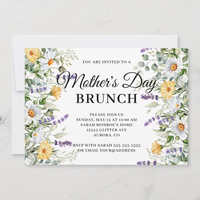 Convites Brunch do Dia das Mães com Aquarela de Flores Silv (Frente)