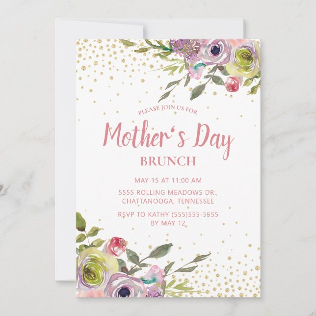 Convites Brunch do Dia das Mães com Brilho Dourado e Floral (Frente)