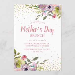 Convites Brunch do Dia das Mães com Brilho Dourado e Floral