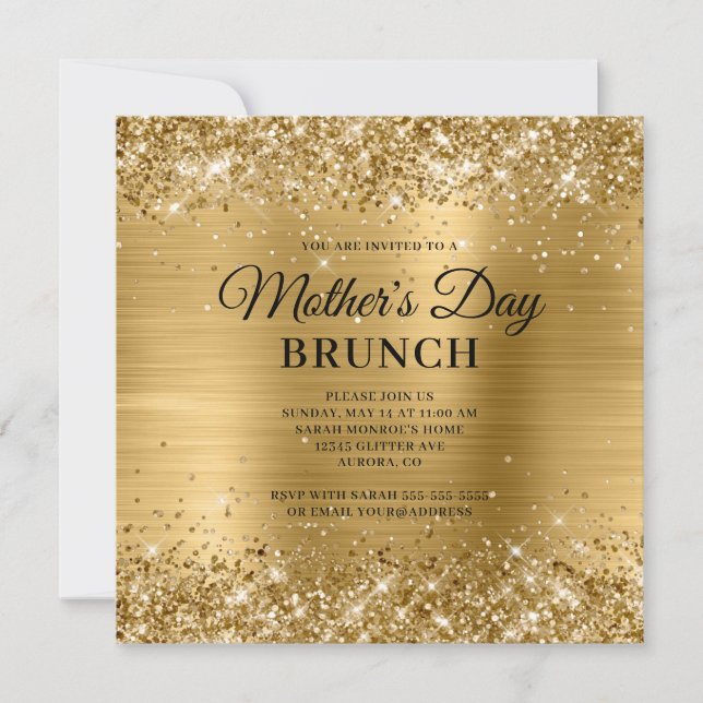 Convites Brunch do Dia das Mães com Brilho e Folha de Ouro (Frente)