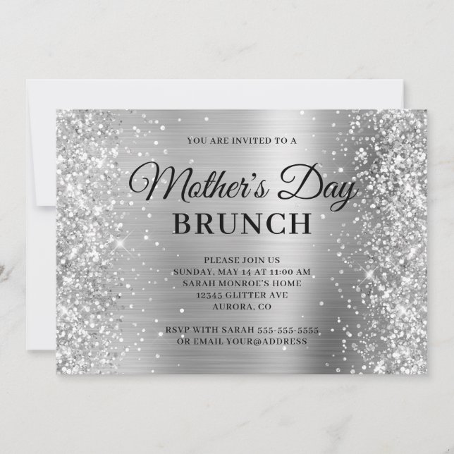 Convites Brunch do Dia das Mães com Brilho e Folha de Prata (Frente)