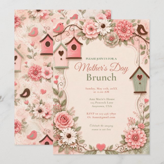 Convites Brunch do Dia das Mães com Florais Rosa (Frente/Verso)