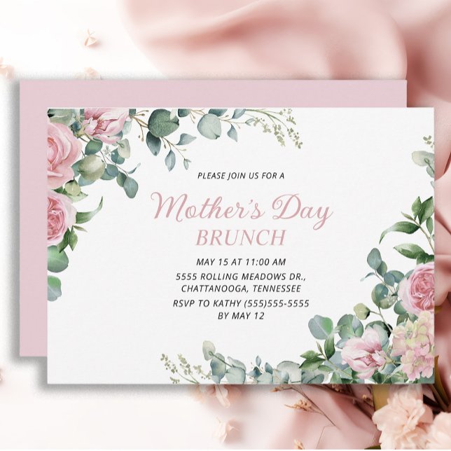 Convites Brunch do Dia das Mães com Floral Rosa (Pink roses Mother's Day Brunch invitation)