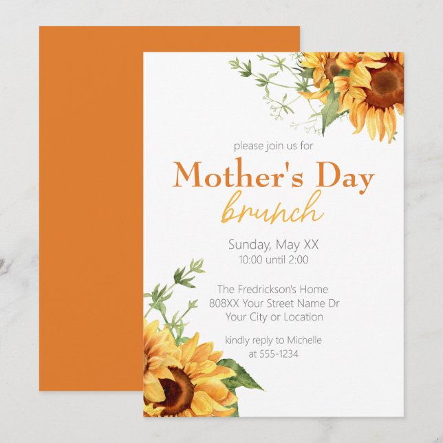 Convites Brunch do Dia das Mães com Girassóis em Aquarela (Frente/Verso)