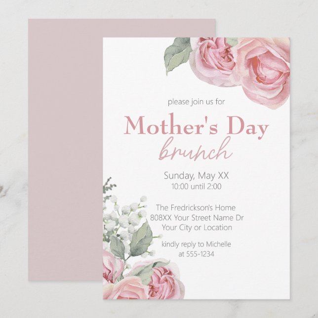 Convites Brunch do Dia das Mães com Rosas Rosas e Respirado (Frente/Verso)