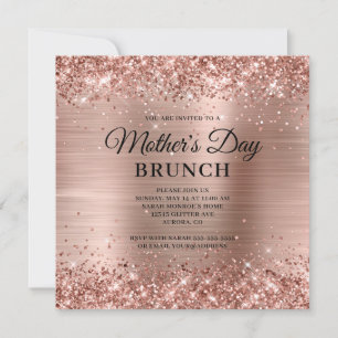 Convites Brunch do Dia das Mães em Rose Gold Glitter e Folh