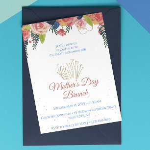 Convites Brunch do Dia das Mães Floral Azul Marinho e Doura