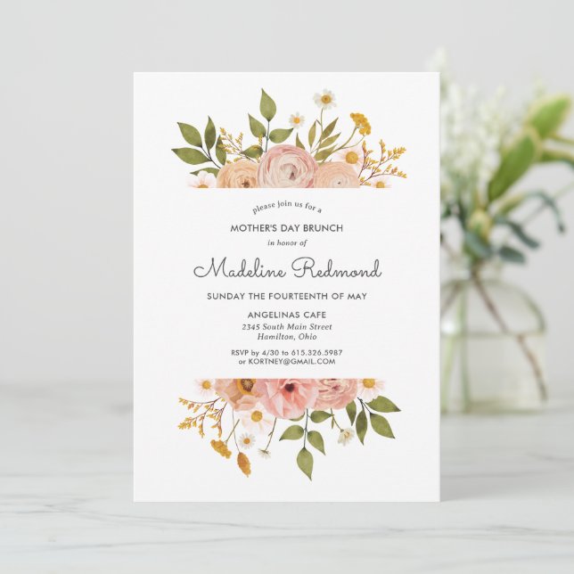 Convites Brunch do Dia das Mães Floral Boêmio Encantador (Em pé/Frente)