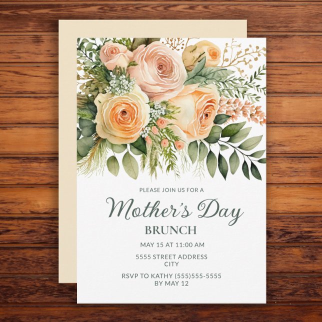 Convites Brunch do Dia das Mães Floral de Pêssego (Peach floral and greenery Mother's Day Brunch invitation)