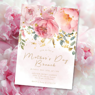 Convites Brunch do Dia das Mães   Floral Rosa Bege Dourado