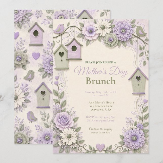 Convites Brunch do Dia das Mães Lavanda Salvia (Frente/Verso)