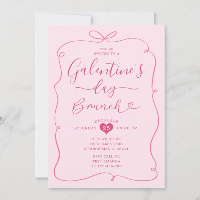 Convites Brunch do dia de Galentine desenhada a rosa (Frente)