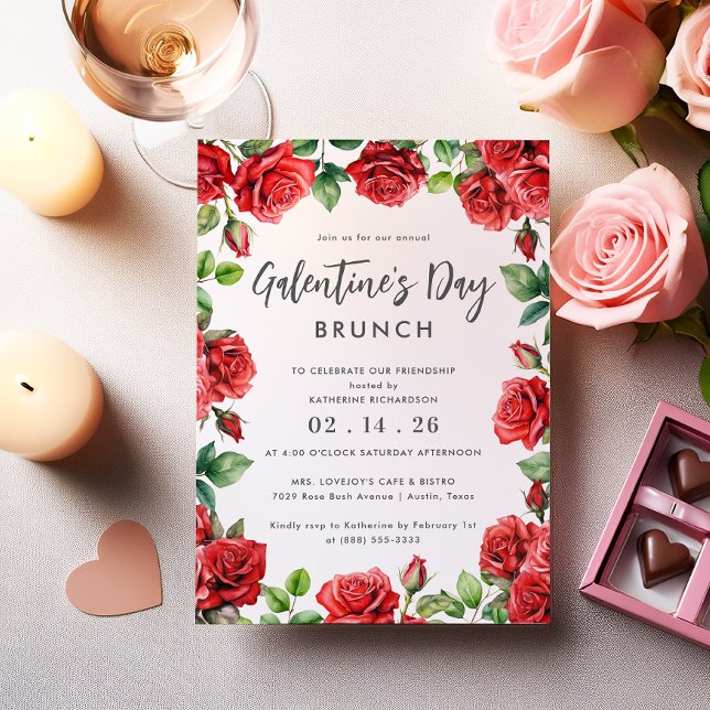 Convites Brunch do Dia Floral Galentine, Rosas vermelhas ro (Criador carregado)