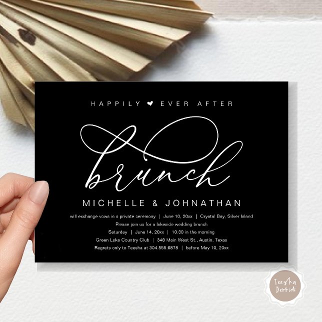Convites Brunch do Felizes para Sempre, Festa Romântica Mod (Happily Ever After Brunch Party, Invitation Card, Modern Romantic Wedding Elopement, Classy Black)