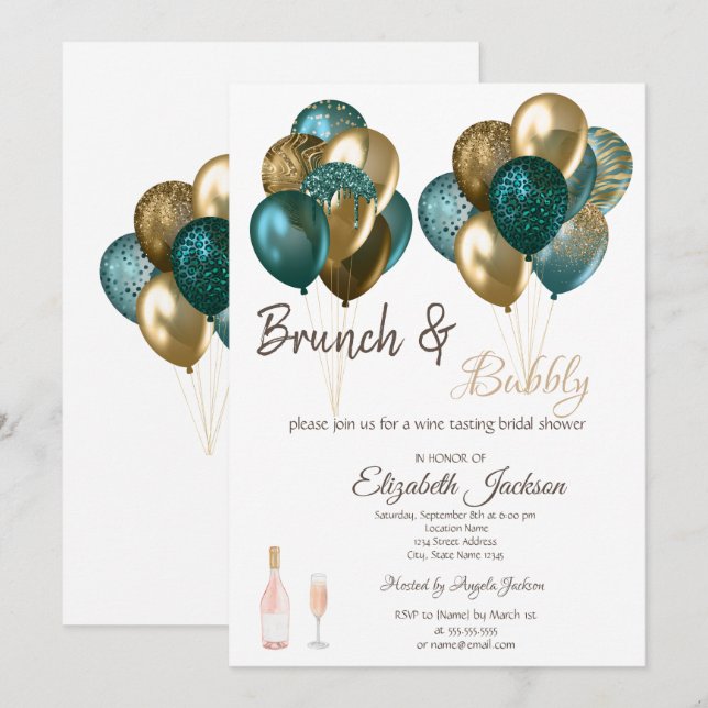 Convites Brunch e Balões Elegantes Chá de Noiva Espumante (Frente/Verso)