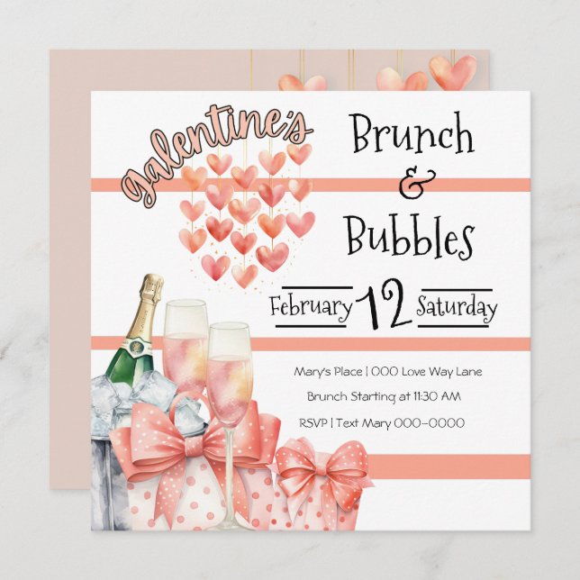 Convites Brunch e bolhas de Peach Galentine (Frente/Verso)