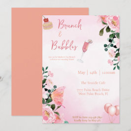 Convites Brunch e bolhas Dia de as mães Brunch Floral Rosa