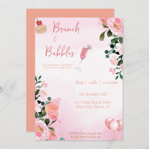 Convites Brunch e bolhas Dia de as mães Brunch Floral Rosa