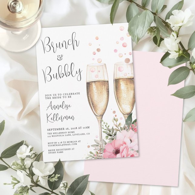 Convites Brunch e Bolhas Florais Chá de Noiva (Brunch And Bubbly Floral Bridal Shower Invitation)