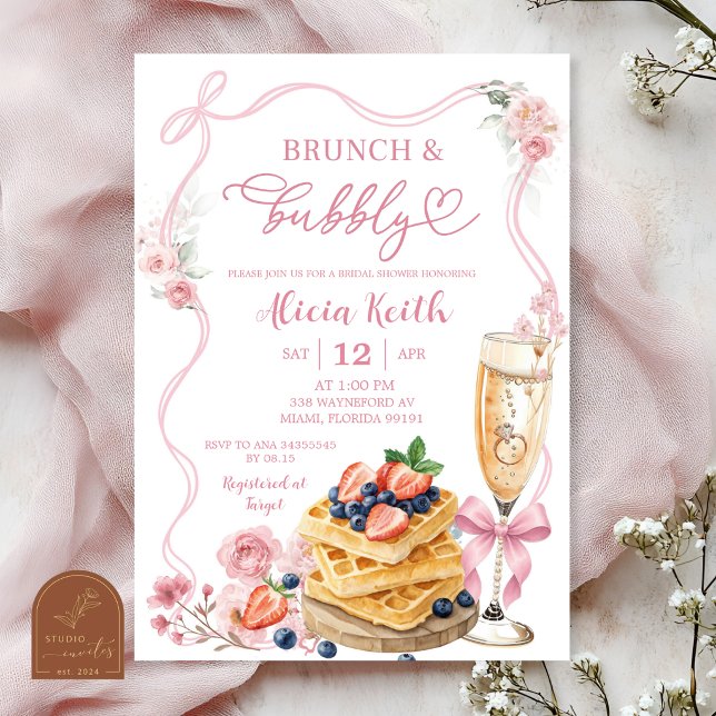 Convites Brunch e Bolhas Florais de Laço Rosa para Noiva (Criador carregado)