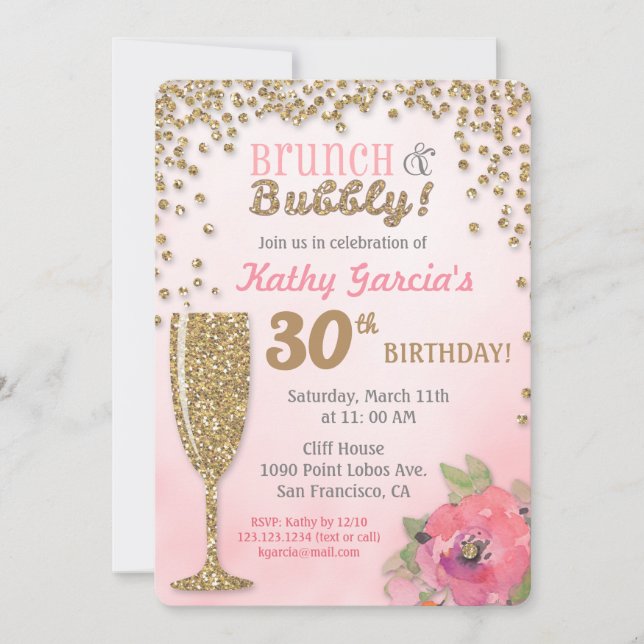 Convites Brunch e Bubble Birthday Glitter Invitation (Frente)