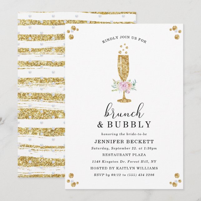 Convites Brunch e Bubble do Chá de panela Elegante (Frente/Verso)