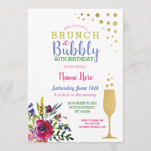 Convites Brunch e Bubble Dourado Birthday Floral