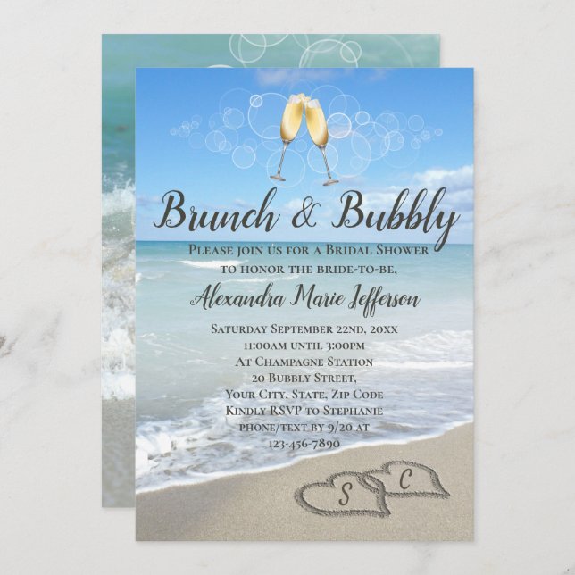 Convites Brunch e Bubble Sand Hearts Beach Chá de panela (Frente/Verso)