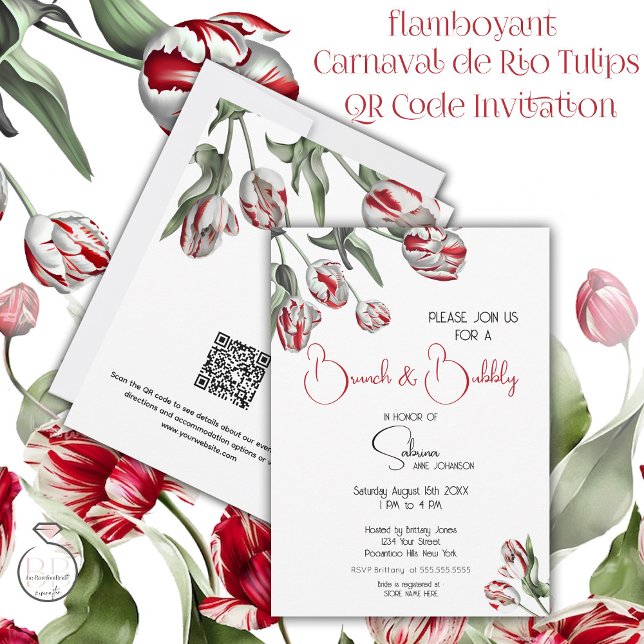 Convites Brunch e Bubble | Tulipas de Rembrandt Vermelho e  (Stunning Red and White Carnaval de Rio Tulips Brunch and Bubbly with QR code for further information)