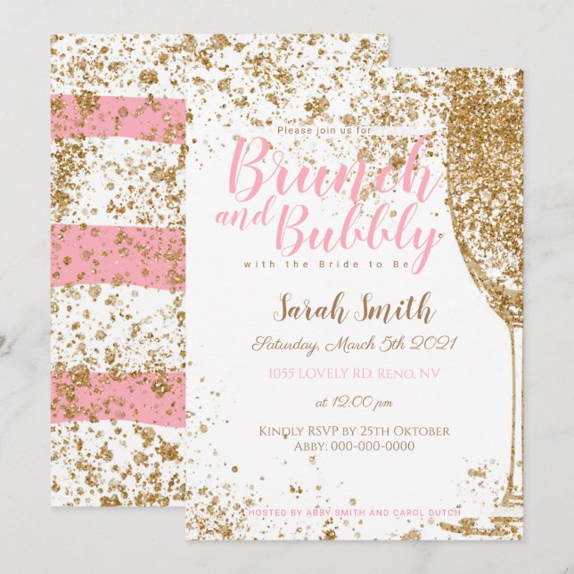 Convites Brunch e Bubbly listras rosa brilhante (Frente/Verso)
