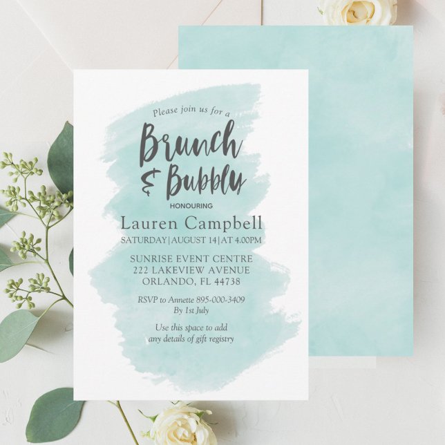 Convites Brunch e Bubbly Modernos em Aquarela Azul Turquesa (Criador carregado)