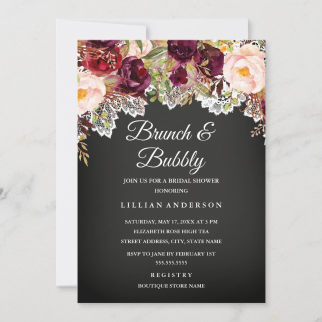 Convites Brunch E Bubbly Quadro-negro Floral Chá de Noiva (Frente)
