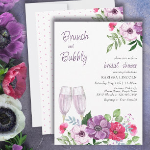 Convites Brunch e Bubbly Rosa Roxo Floral Chá de Noiva
