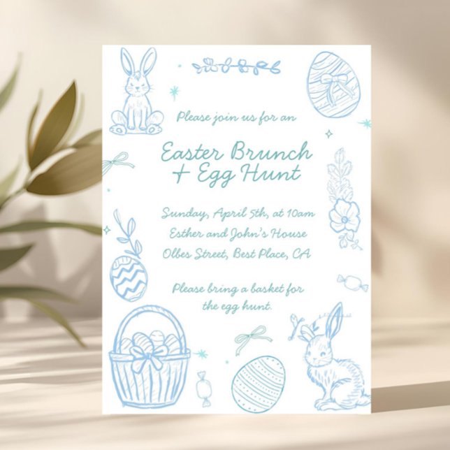 Convites Brunch e Caça aos Ovos de Páscoa Caprichoso Desenh (hand drawn easter, minimalist easter invitation, kids easter party, family easter brunch, spring par)