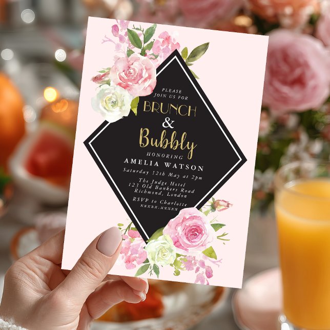 Convites Brunch e Chá de panela (Pop the bubbly 🍾 Celebrate the bride-to-be with this elegant "Brunch & Bubbly" invitation.)