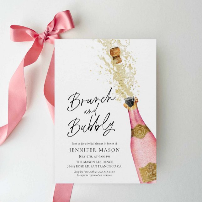 Convites Brunch e Chá de panela de champanhe de bolha (Pink Brunch and Bubbly Bridal Shower Invitation)